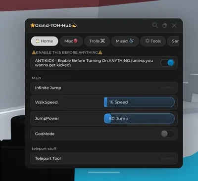 Preview of TOH HUB - Comes with Advanced ANTIKICK, godmode, and more!